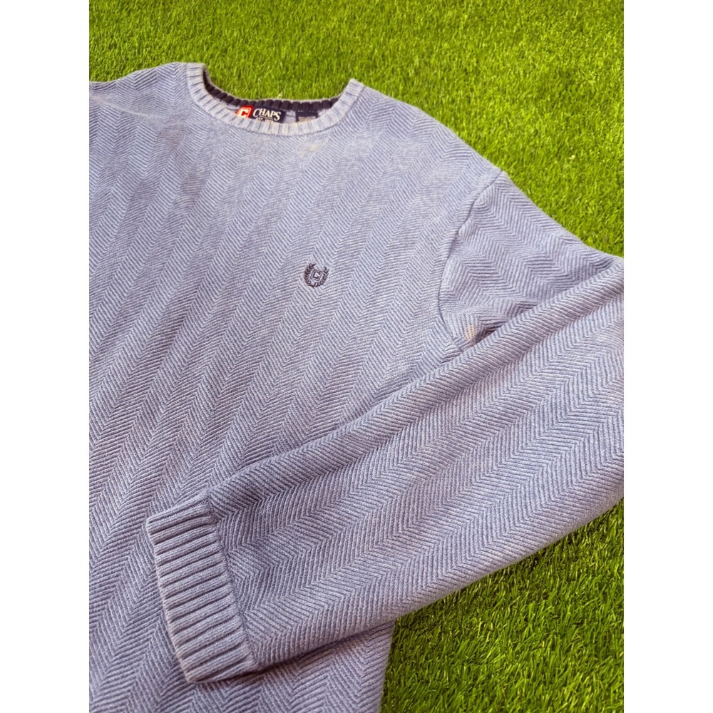 Chaps Mens XXL Light Blue Herringbone Cotton Crewneck Sweater Logo 0107